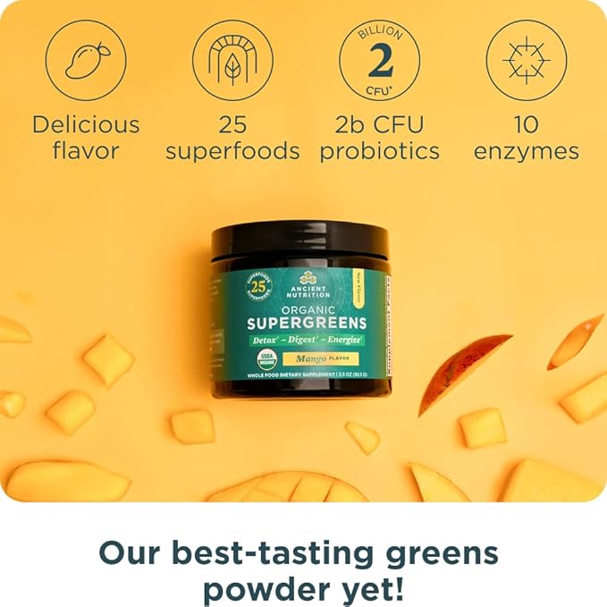Ancient Nutrition SuperGreens Powder with Probiotics, Organic Mango Flavor Greens, Made from Real Fruits, Vegetables and Herbs, Digestive and Energy Support, 12 Servings, 3.3oz