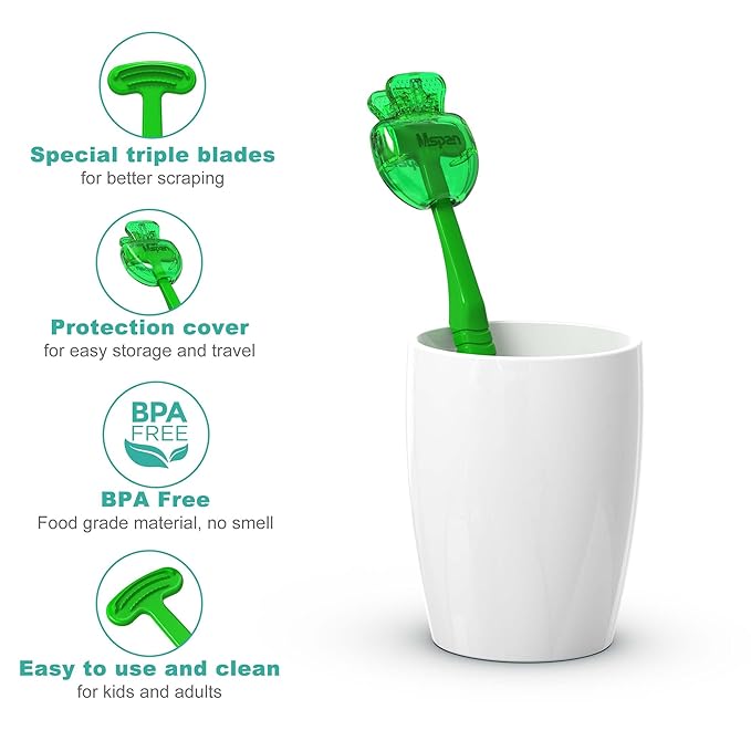 Mspan Tongue Scraper for Adults & Kids: Tongue Cleaner Brush Dental Clean Care Kit with Plastic Travel Case Cover - Oral Hygiene Fresh Breath Green Grey 2 Pack