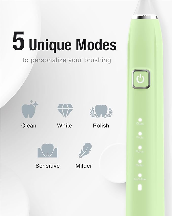 7AM2M Sonic Electric Toothbrush with 6 Brush Heads for Adults&Kids, One Charge for 120 Days, Wireless Fast Charge, 5 Modes, 40000VPM Powered Toothbrush, 2 Minutes Built in Smart Timer (Light Green)