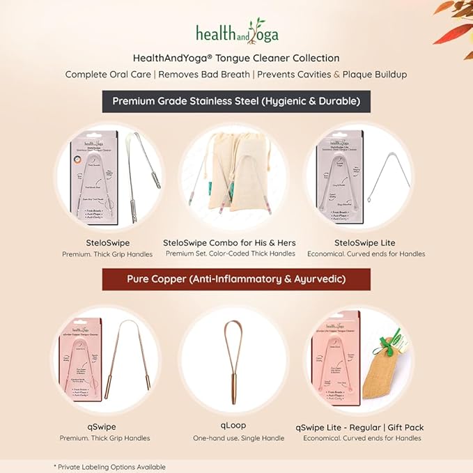 HealthAndYoga™ qLoop Copper Tongue Cleaner - Easy One Hand Use - Larger Surface Coverage - Ayurvedic Copper Health for Fresh Breath and Total Oral Hygiene (Single)