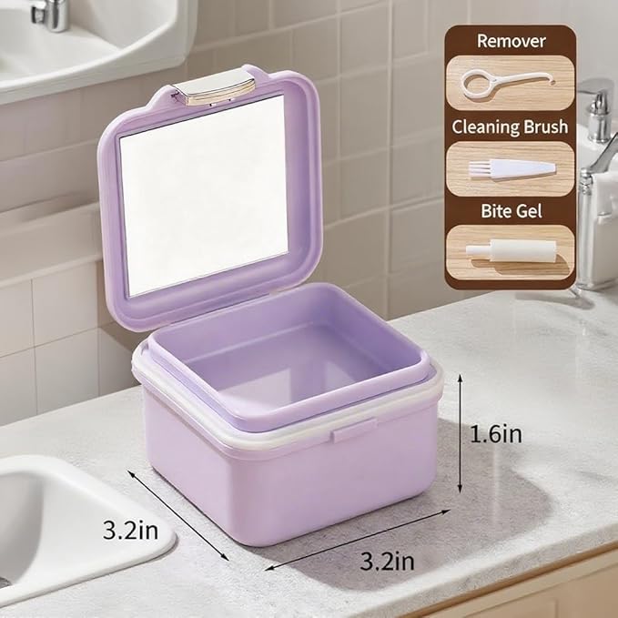 Denture Bath Case, Denture Soaking Container Denture Cup Soaking Holder Mouth Guard Denture Box Denture Baths Cleaning with Lid Waterproof （Purple）
