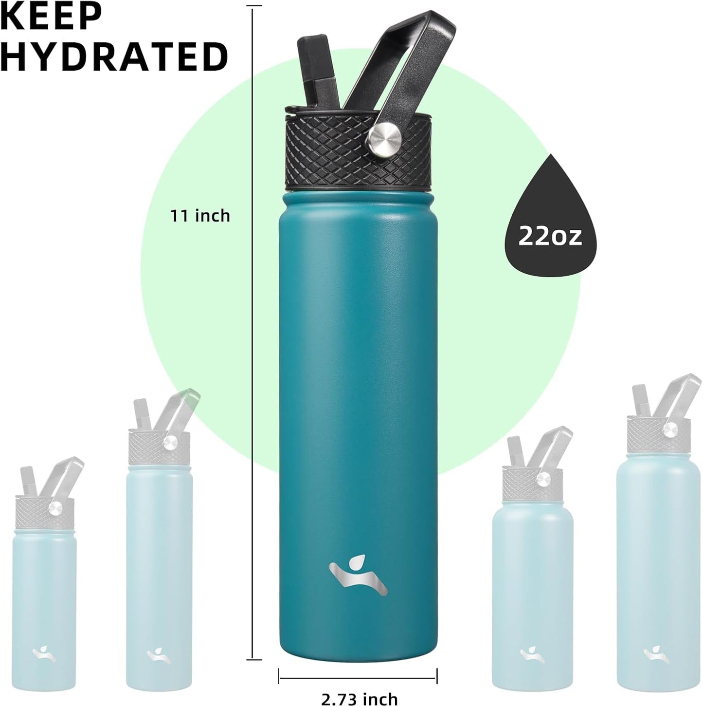 22oz Stainless Steel Bottles with 3 Lids Sport Insulated Water Bottle,Light Blue