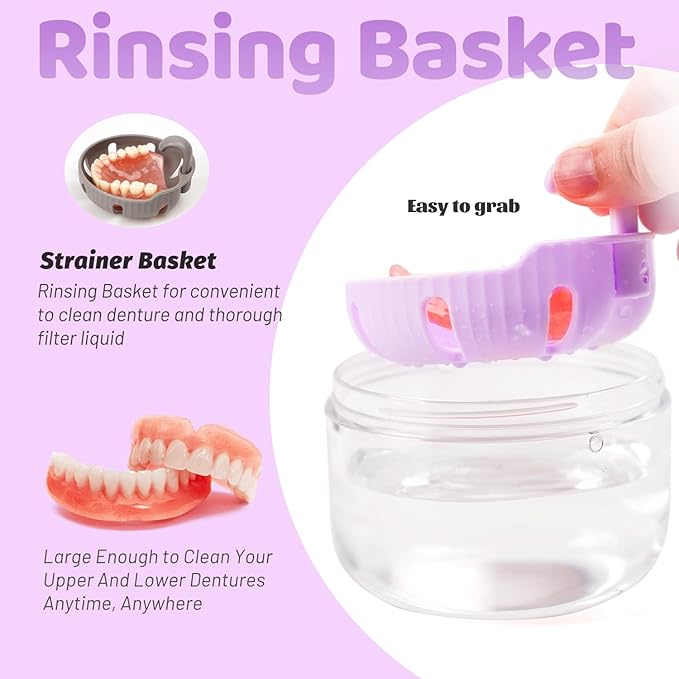 Denture Case with Strainer and Mirror, Leak Proof Denture Bath Cup for Travel, Purple Denture Container Cups for Soaking Full & Partial Dentures, Retainers with Denture Brush, Aligner Removal Tool