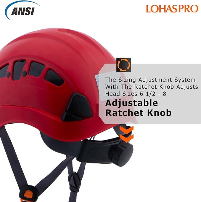LOHASPRO Hard Hats Construction Safety Helmet ANSI Z89.1 Approved OSHA Hardhat, Vented Men Worker Red Hard Hat with Chin Strap Tree Climbing Rescue Arborist Helmet (P6 Red)