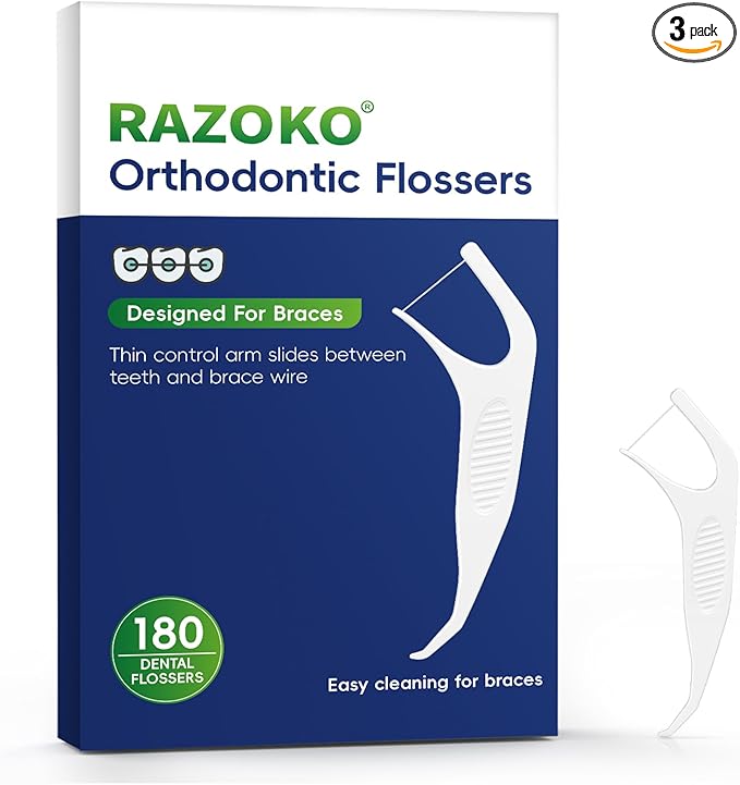 RAZOKO Orthodontic Flossers for Braces, Ortho Dental Floss Picks for Adults & Kids, Premium Thin Floss,Designed for Braces, Unflavored 180 Count