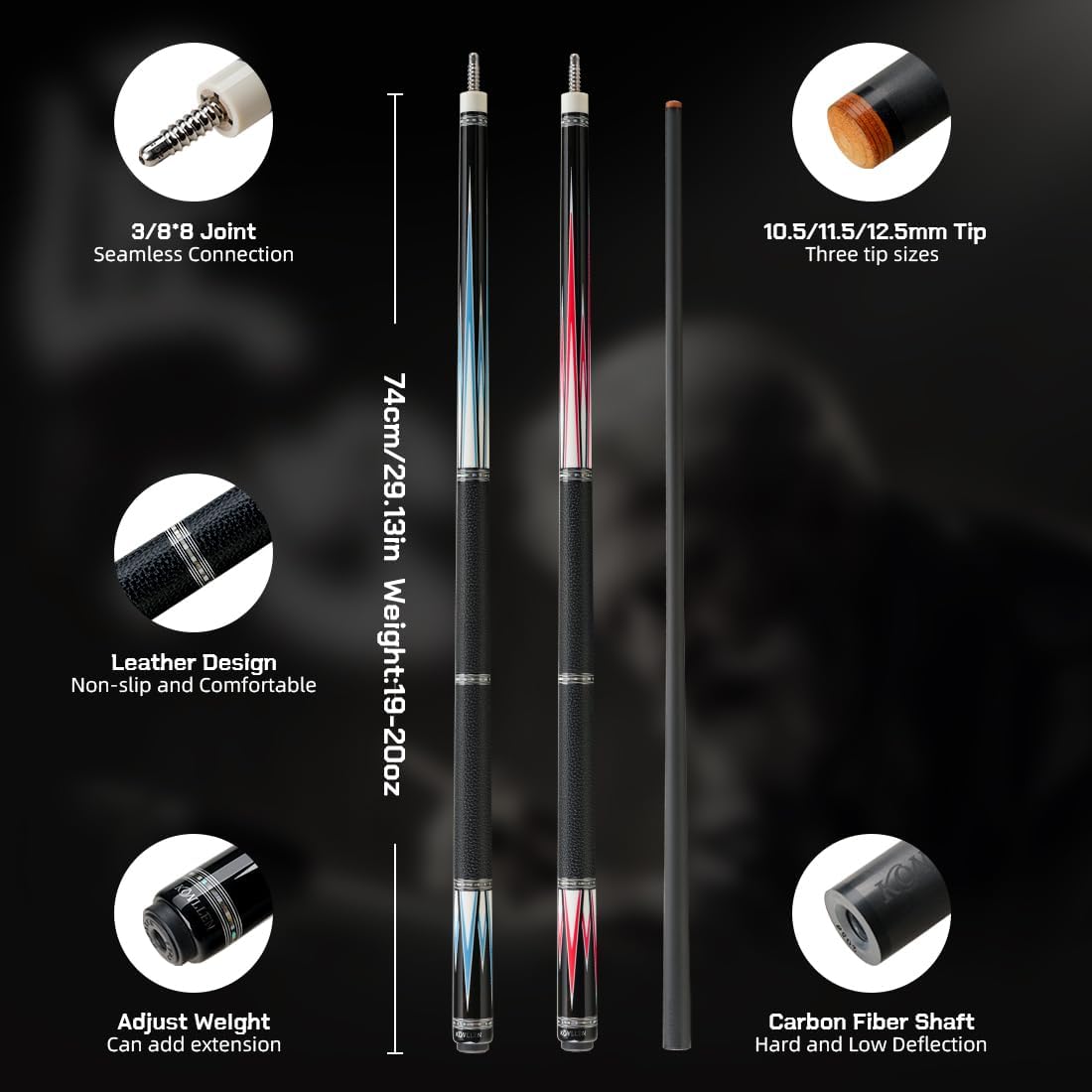 KONLLEN Carbon Fiber Pool Cue Stick Low Deflection Hand-Made Inlay Billiard Cue Ultra-Smooth Professional Feeling Billiard Pool Cue Sticks for Adults