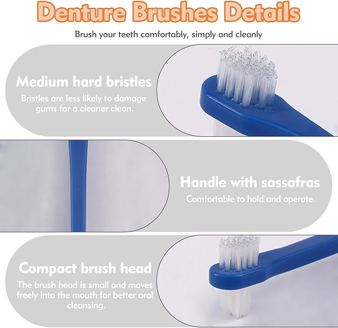 6 Pack Portable Denture Brush, Dual Headed Firm Hard Bristle Denture Toothbrush, Dentures Brushes for Cleaning Dentures, False Teeth, Clear Braces and Mouth Guards
