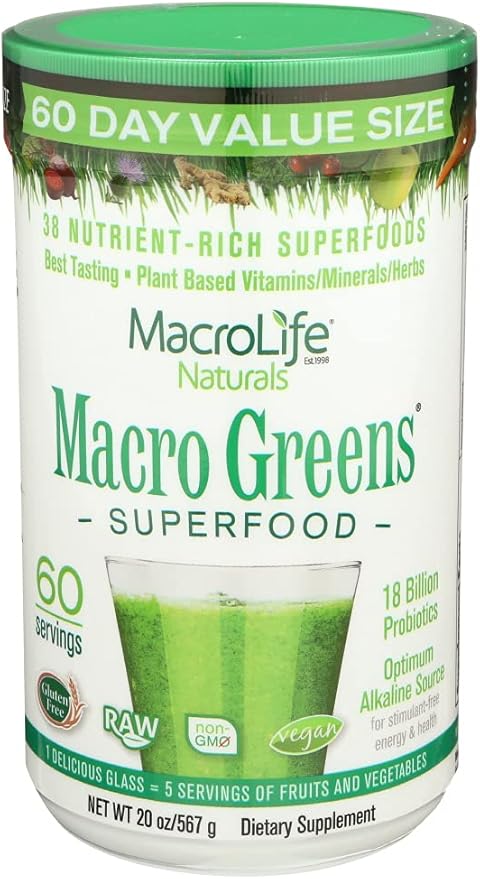 MacroLife Naturals Macro Greens Powder 38 Superfood Probiotic Antioxidant Enzyme & Herbal Supplement Immunity Energy Cleanse - Non-GMO Vegan Gluten-Free Dairy-Free - 60 Servings