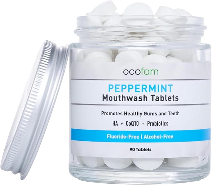ECOFAM Peppermint Mouthwash Tablets - Chewable Tablet for Fresh Breath Fluoride Free Alcohol Free Travel Size Mouthwash - 90 Tablets