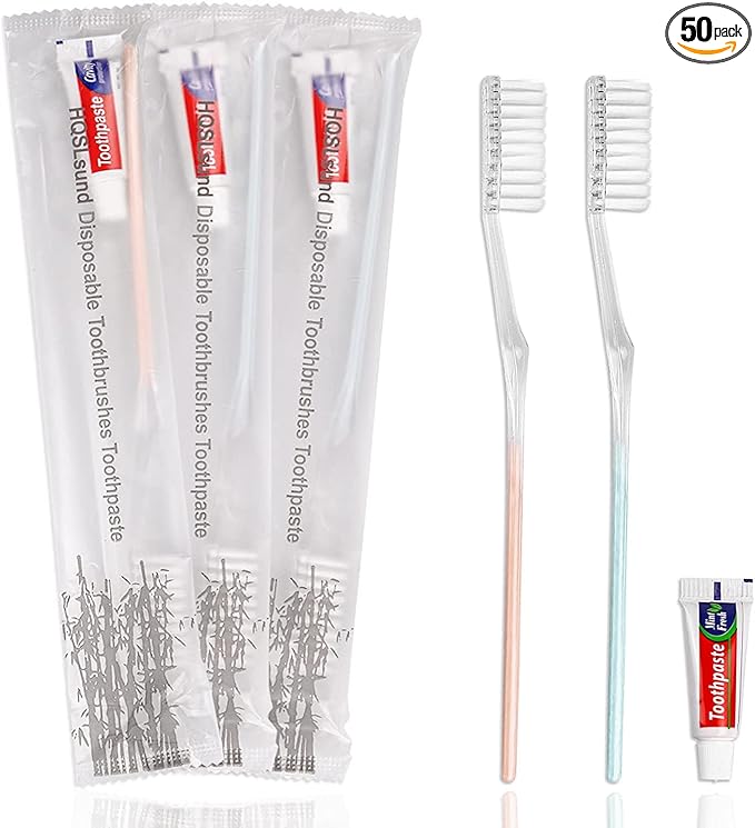 50 Pack Disposable Toothbrush Kit with Toothpaste, Individually Wrapped Travel Toothbrushes Soft Bristle Manual