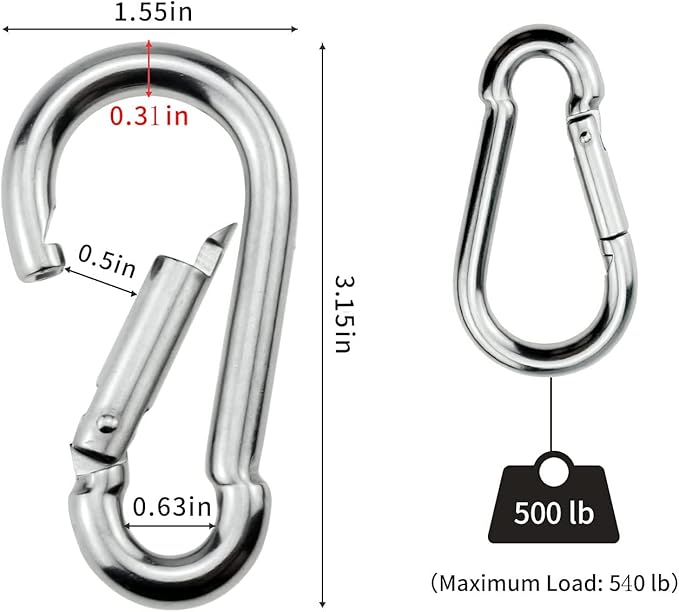 3 Inch Carabiner Spring Snap Hook Steel Clip Link Buckle Heavy Duty 8x80mm 10 Pcs for Outdoor Camping Hiking Hammock Swing, White