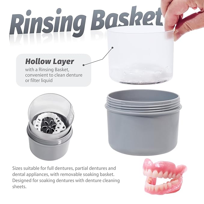 Large Denture Bath Cup No Leak Denture Case Retainer Cleaner Case Complete Cleaning Care Denture Clear and Retainer Denture Holder for Soaking (grey)