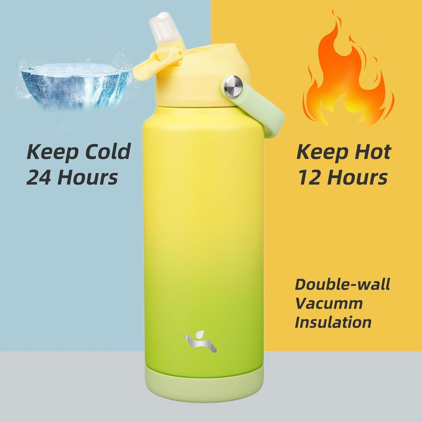 Insulated Water Bottle with Straw Lid,32 oz Stainless Steel Vacuum Metal Bottle with Silicone Handle,Lime