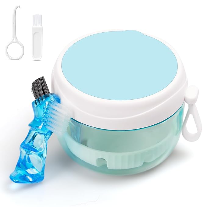 Denture Case, Leak Proof Denture Bath Cup for Travel, Denture Container Cups for Soaking Full & Partial Dentures, Retainers, Mouth Guard with Denture Cleaner Brush, Aligner Removal Tool - White
