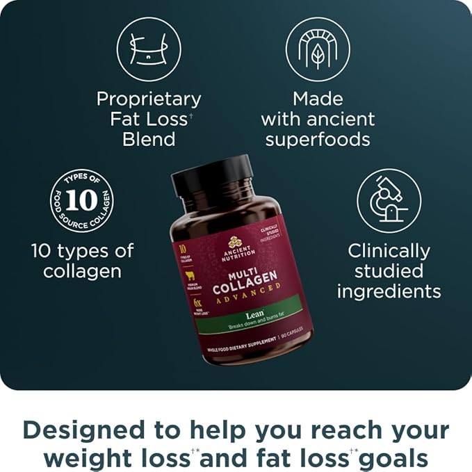 Ancient Nutrition Multi Collagen Advanced Lean with Probiotics, Hydrolyzed Collagen Peptides Supports Healthy Weight Loss and Fat Loss, 90 Count