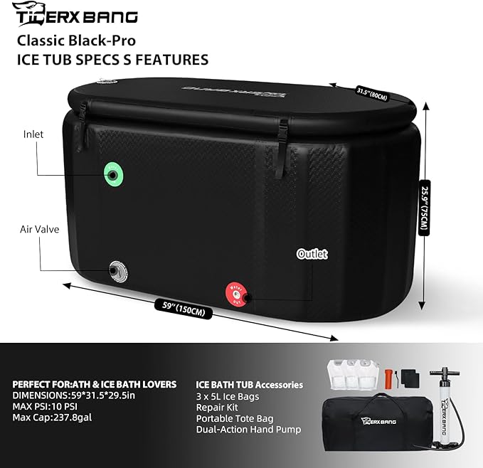 Ice Bath Tub,Inflatable Cold Plunge Tub, Water Chiller Compatible, 237.8Gallon Portable Ice Plunge Tub for Athletes, Adult Ice Bath Enthusiasts (Classic Black-Pro)