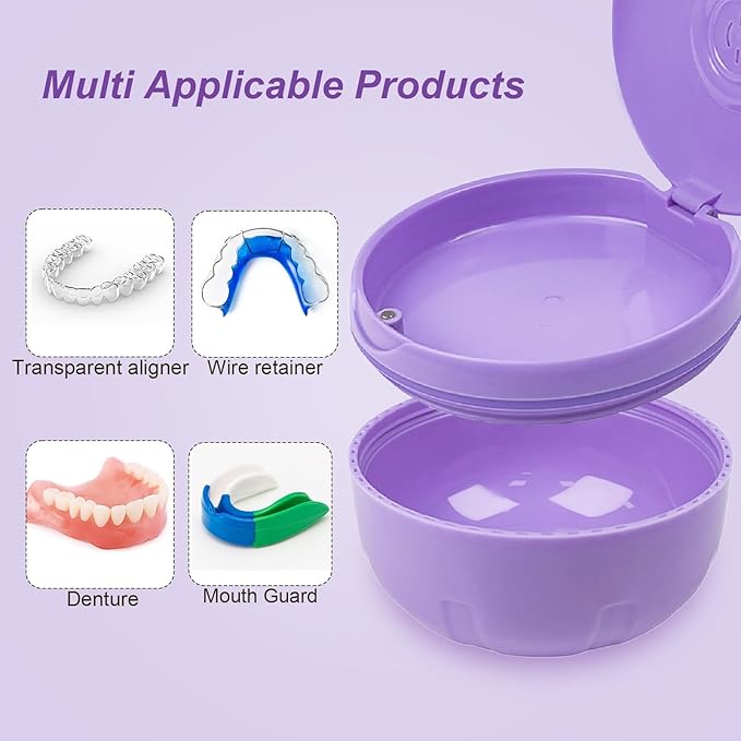 Retainer Cleaner Case,Double Layer No-Leak Denture Cup for Soaking Dentures, Denture Bath for Aligner,Retainers,Mouth Guard,Night Guard Solid Color (Purple)