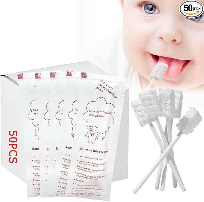 Baby Tongue Cleaner Newborn Toothbrush - Disposable Gauze Gum Cleaner Oral Cleaning Stick Dental Care for 0-36 Month（50PCS）
