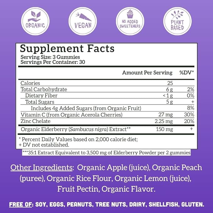 Llama Naturals Elderberry Gummies for Adults, Vegan, Organic Immune Support Supplement with Vitamin C and Zinc, Real Fruit Gummy Vitamins for Immunity, Chewable, No Added Sugar Cane, 90 Ct