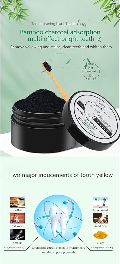 M&R New Formula More Delicate 100% Organic Activated Charcoal Teeth Whitening Powder+Bamboo Toothbrush /30g Coconut Charcoal, Effective Teeth Stain Remover and Toothpaste Alternative/Fresh Mint Taste