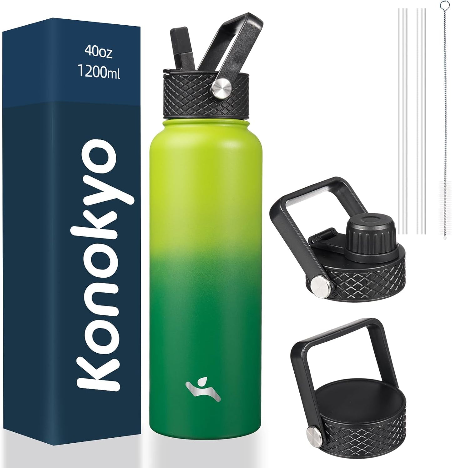 40oz Insulated Water Bottle Stainless Steel Sport Bottles with 3 Lids,Bamboo Grove