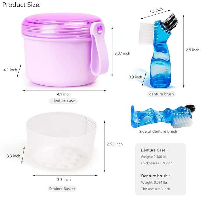 Leak Proof Travel Denture Bath Case for Full Dentures, Denture Cups for Soaking Dentures, Denture Container Cups with Brush for Dentures, Aligner, Retainers, Mouth Guard (Purple)