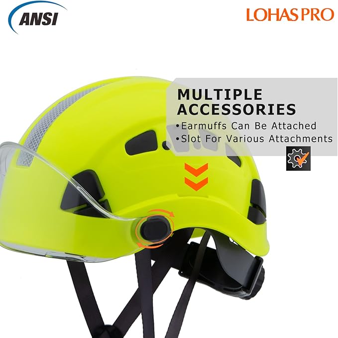 LOHASPRO Hard Hats Construction Safety Helmet with Visor ANSI Z89.1 Approved OSHA Hardhat, Vented Men Work Hard Hat with Chin Strap Tree Climbing Arborist Helmet (P3 Lime+Clear Visor)