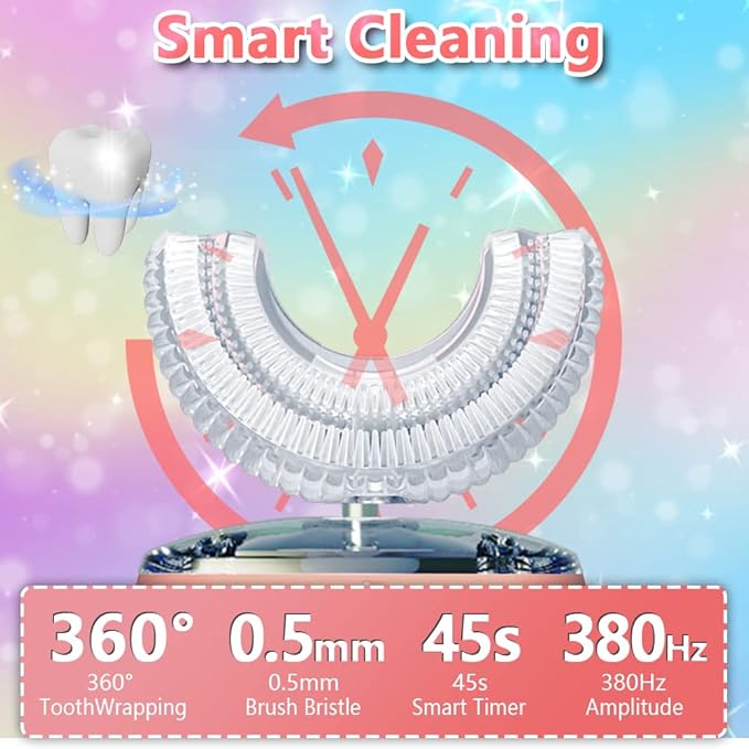 Kids Toothbrush Electric, U Shaped Ultrasonic Automatic Toothbrush with 2 Brush Heads, Six Cleaning Modes, Cartoon Modeling Design for Kids, Special for Birthday Gift (Pink, Kids 2-7)