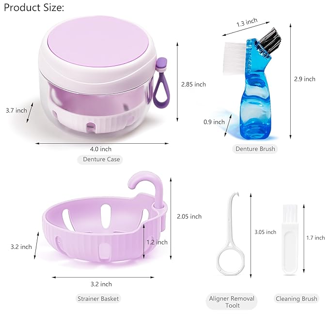 Denture Case with Strainer and Mirror, Leak Proof Denture Bath Cup for Travel, Purple Denture Container Cups for Soaking Full & Partial Dentures, Retainers with Denture Brush, Aligner Removal Tool
