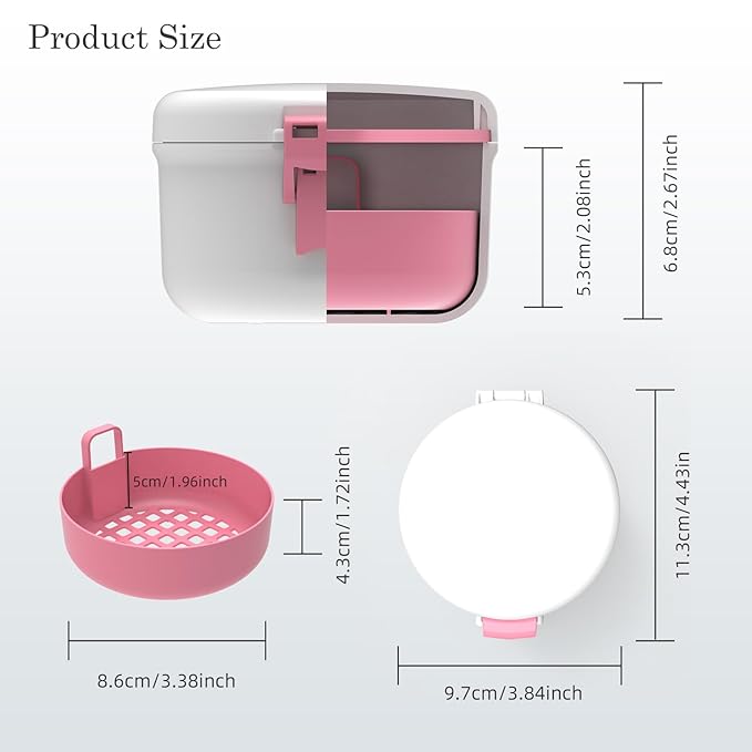 BVN Leak-Proof Denture Bath Cup for Travel, Denture Cup for Soak Dentures, Retainer Cleaning Case with Strainer (White + Pink)