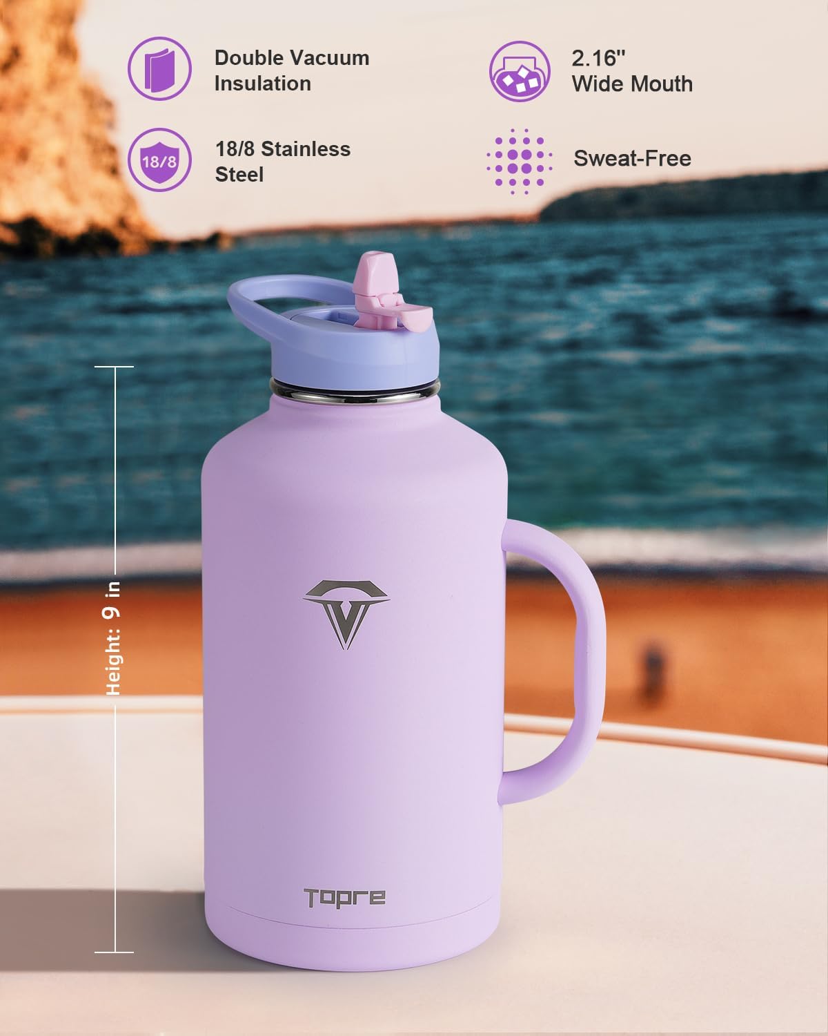 64 oz Water Bottle Insulated with Handle and Carry Pouch, Half Gallon Stainless Steel Water Bottles Mug with Straw Lid Spout Lid,Reusable Metal Tumbler Jug Flask Cup,Keep Cold & Hot,Purple