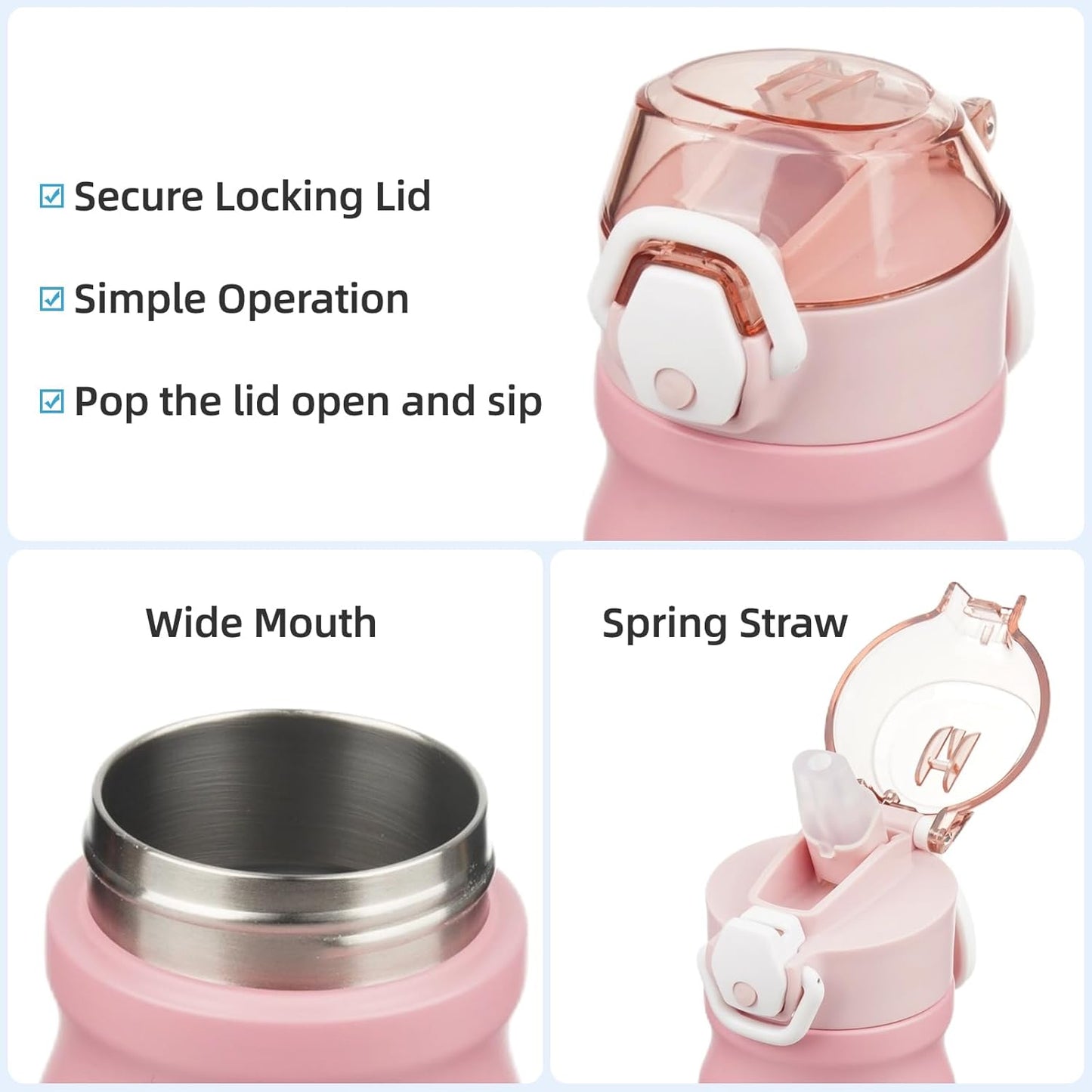 Insulated Water Bottle with Straw and Carry Loop,18 oz Stainless Steel Double Wall Vaccum Metal Water Flask with Leak-proof Lid,Pink