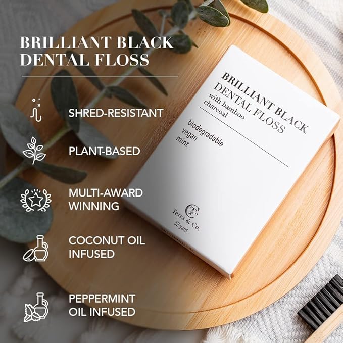 Terra & Co., Brilliant Black Dental Floss (32 Yards) | Organic Teeth Whitening Products | All Natural, with Activated Bamboo Charcoal | Vegan & Cruelty Free | Luxury Dental Care