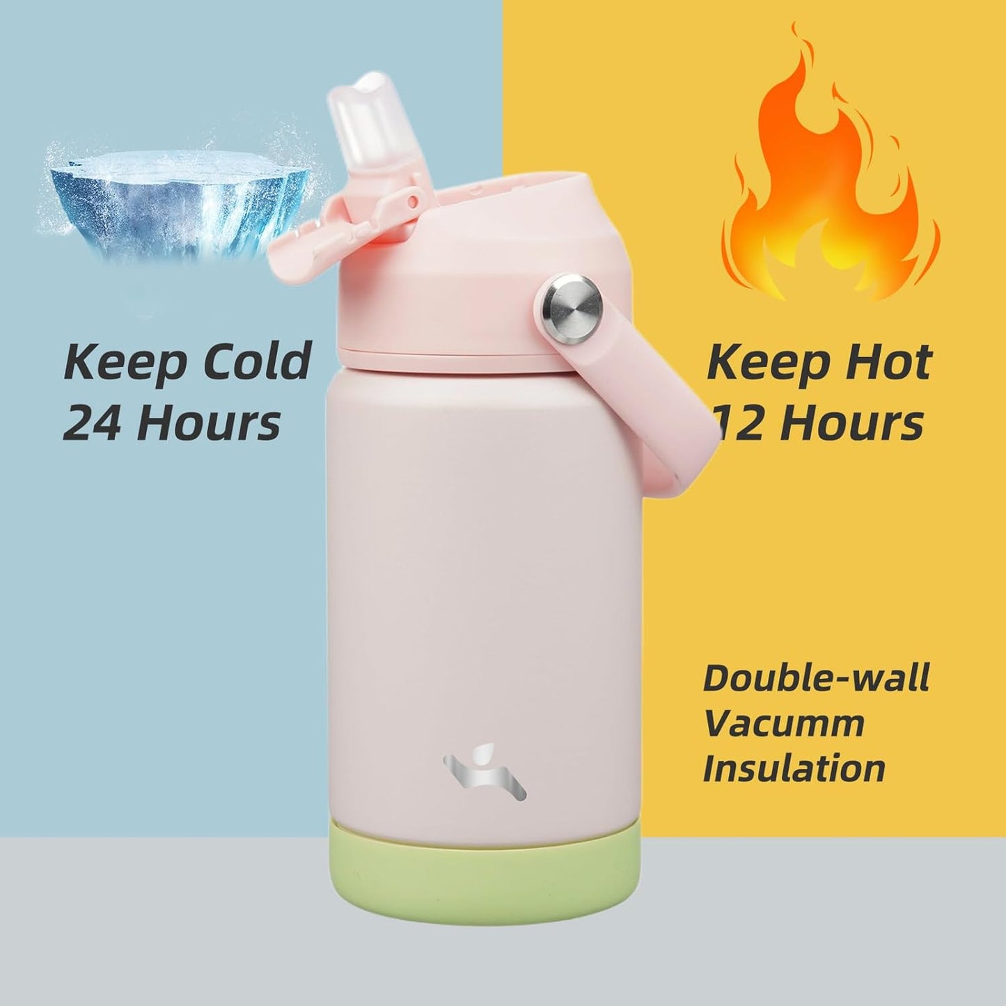 Insulated Water Bottle with Straw Lid,12 oz Stainless Steel Vacuum Metal Bottle with Silicone Handle,Pearl