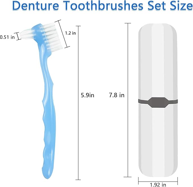 2-Piece Denture Cleaning Brush Set - Multi-Layered Bristles False Toothbrush with Ergonomic Handle and White Carrying Case for Fake Teeth Cleaning, Travel-Sized Oral Care Tool (Blue&Red, One Size)