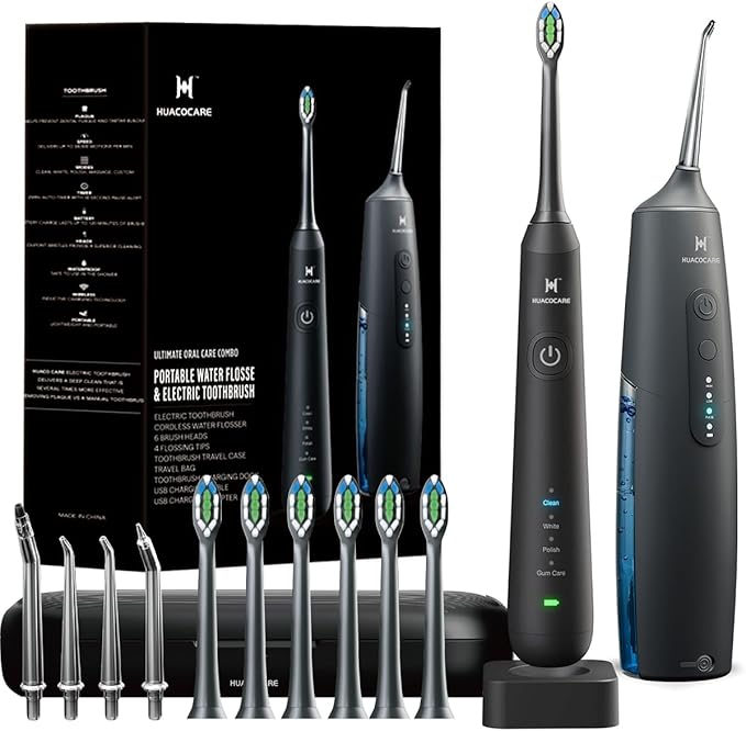 2-1 Oral Clean Kit- Water Dental flosser & Electric Toothbrush Combo- Brushing & Flossing- for Teeth Cleaning and Gum Health (Black)