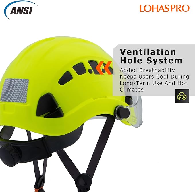 LOHASPRO Hard Hats Construction Safety Helmet with Visor ANSI Z89.1 Approved OSHA Hardhat, Vented Men Work Hard Hat with Chin Strap Tree Climbing Arborist Helmet (P3 Lime+Clear Visor)