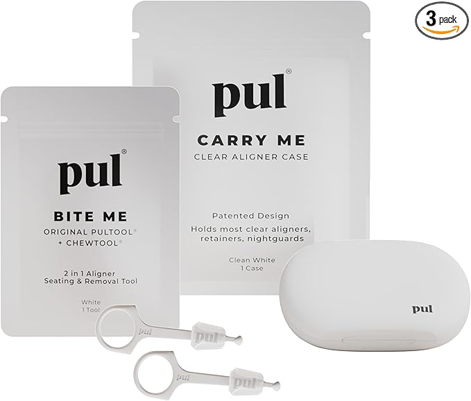 PUL Aligner Care Convenience Kit – Case + 2-in-1 Tool for Invisalign, Retainers, Partial Dentures, Mouth & Night Guards & More – White Case & 2-Pack of White Aligner Seating Chewie & Removal Tool