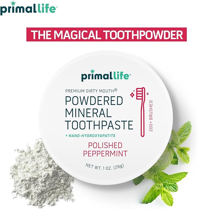 Primal Life Organics - Dirty Mouth Toothpowder, Tooth Cleaning Powder, Flavored Essential Oils with Natural Kaolin & Bentonite Clay, Good for 200+ Brushings, Paleo, Organic, Vegan (Peppermint, 1 oz)