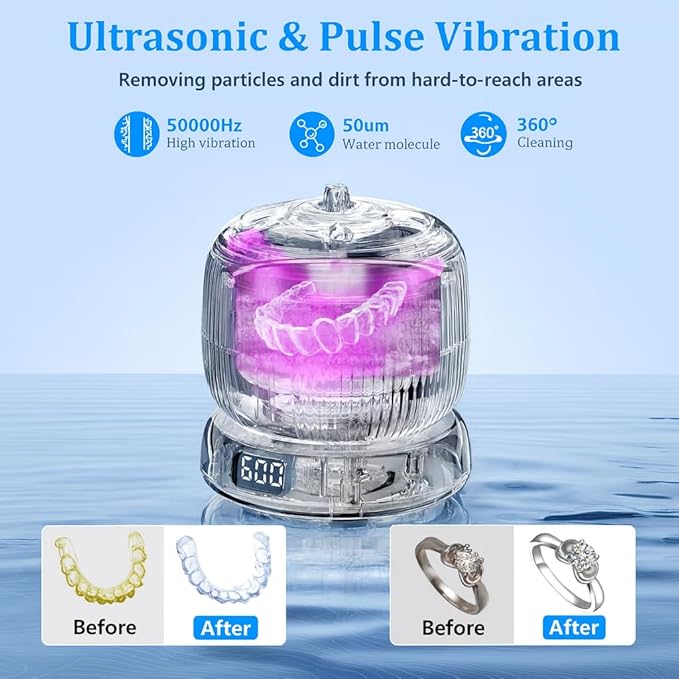 Ultrasonic Retainer Cleaner, 50kHz Retainer Cleaner Machine for Dentures, Aligners, Mouth Guards, Braces, Jewelry, 4 Modes Digital Ultrasonic Cleaners with Removable Base and Top Cover