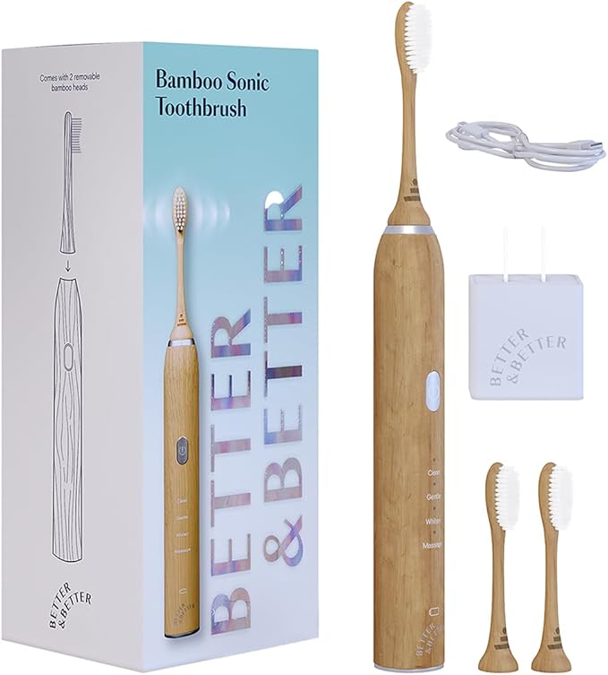 Better & Better Sonic Bamboo Electric Toothbrush for Adults | Rechargeable Electric Bamboo Toothbrush w/Plant-Based Bristles | Soft Brush Heads incl. | 4 Cleaning Modes & Long-Lasting Battery