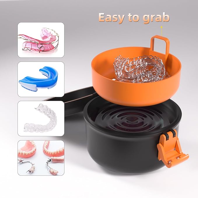 ARGOMAX Leak Proof Retainer Cleaner Case, Denture Cups for Soaking Dentures, Denture Travel Case (Black + Orange).