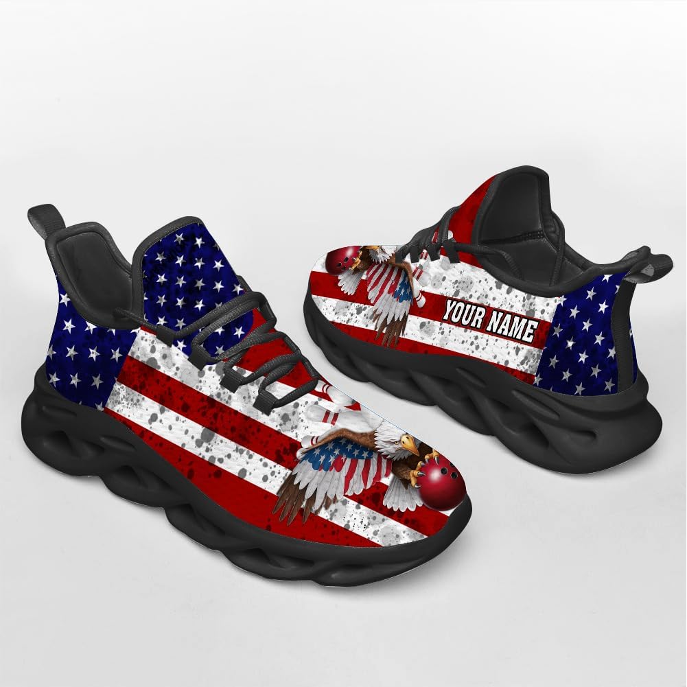 3D Printed Sports Shoes with Bowling-Themed Pattern, Eagle Flag Custom Shoes for Bowler and Bowling Team