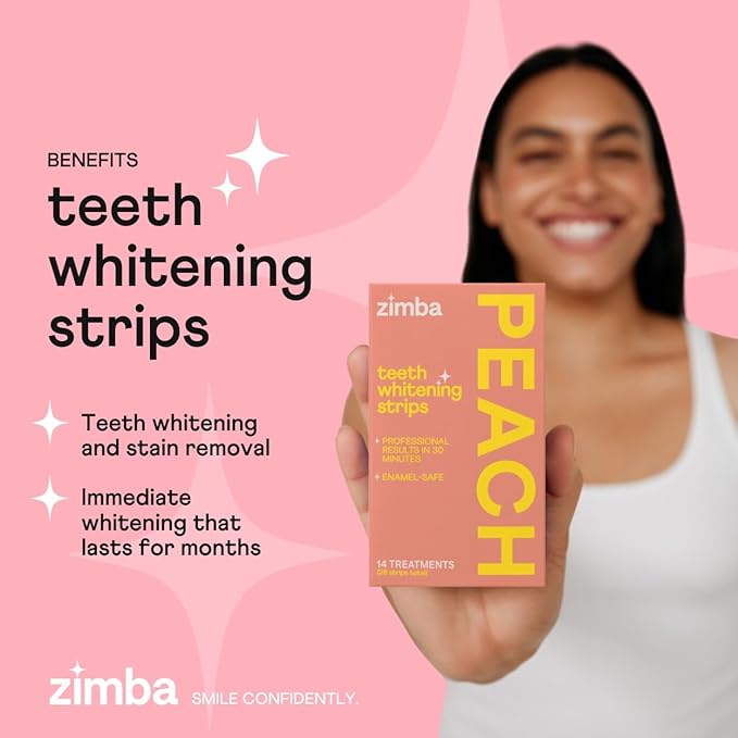 Zimba Teeth Whitening Strips Vegan Whitening Strip Enamel Safe Teeth Whitening Hydrogen Peroxide Teeth Whitener for Coffee, Wine, and Other Stains, 28 Strips (14 Day Treatment), Peach