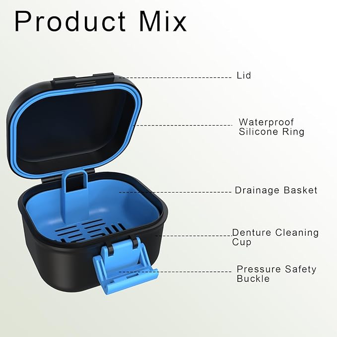 BVN Leak-Proof Denture Case, Denture Cup for Soaking Dentures, Retainer Cleaning Case Black and Bule Dent