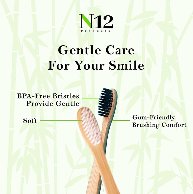 N12 Biodegradable Pack of 10 Bamboo Toothbrushes - Multicolored Charcoal BPA-Free Soft Bristol, Eco-Friendly, Sustainable Reusable Travel Tooth Brush