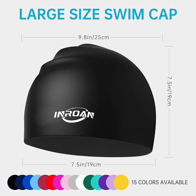 Large Thick Hair Swim Cap with Extra Room for Women Men, Premium Silicone Swimming Cap for Long Hair with Ear Plugs Nose Clip Set, Adult Waterproof Swim Hats Bathing Caps to Keep Hair Dry