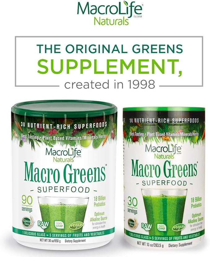 MacroLife Naturals Macro Greens Powder 38 Superfood Probiotic Antioxidant Enzyme & Herbal Supplement Immunity Energy Cleanse - Non-GMO Vegan Gluten-Free Dairy-Free - 30oz (90 Servings)