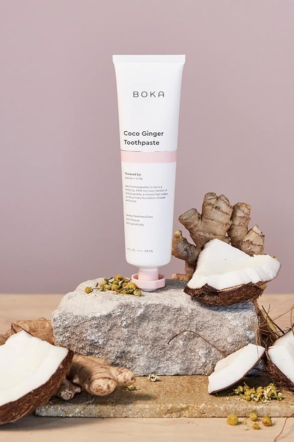 Boka Fluoride Free Toothpaste - Nano Hydroxyapatite, Remineralizing, Sensitive Teeth, Whitening - Dentist Recommended for Adult, Kids Oral Care - Coco Ginger Flavor, 4 Fl Oz 3Pk - US Manufactured
