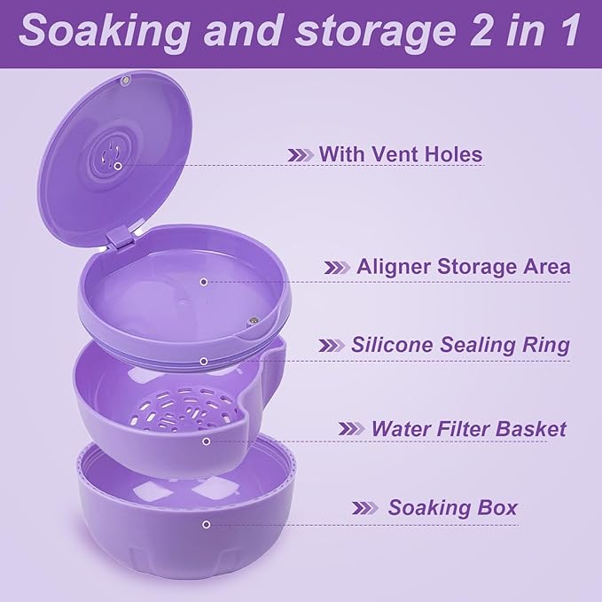 Retainer Cleaner Case,Double Layer No-Leak Denture Cup for Soaking Dentures, Denture Bath for Aligner,Retainers,Mouth Guard,Night Guard Solid Color (Purple)